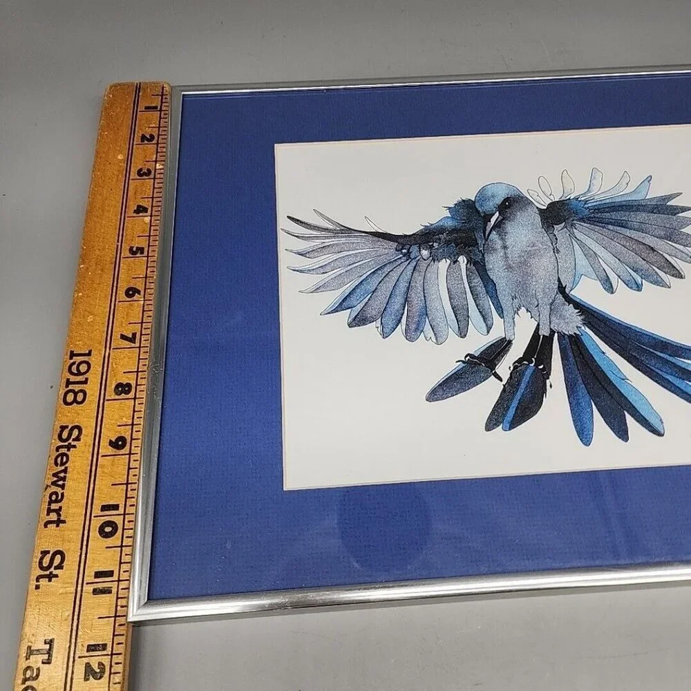 Native Blue Bird Professionally Framed Painting Signed S Towman Art 11.5x14.5